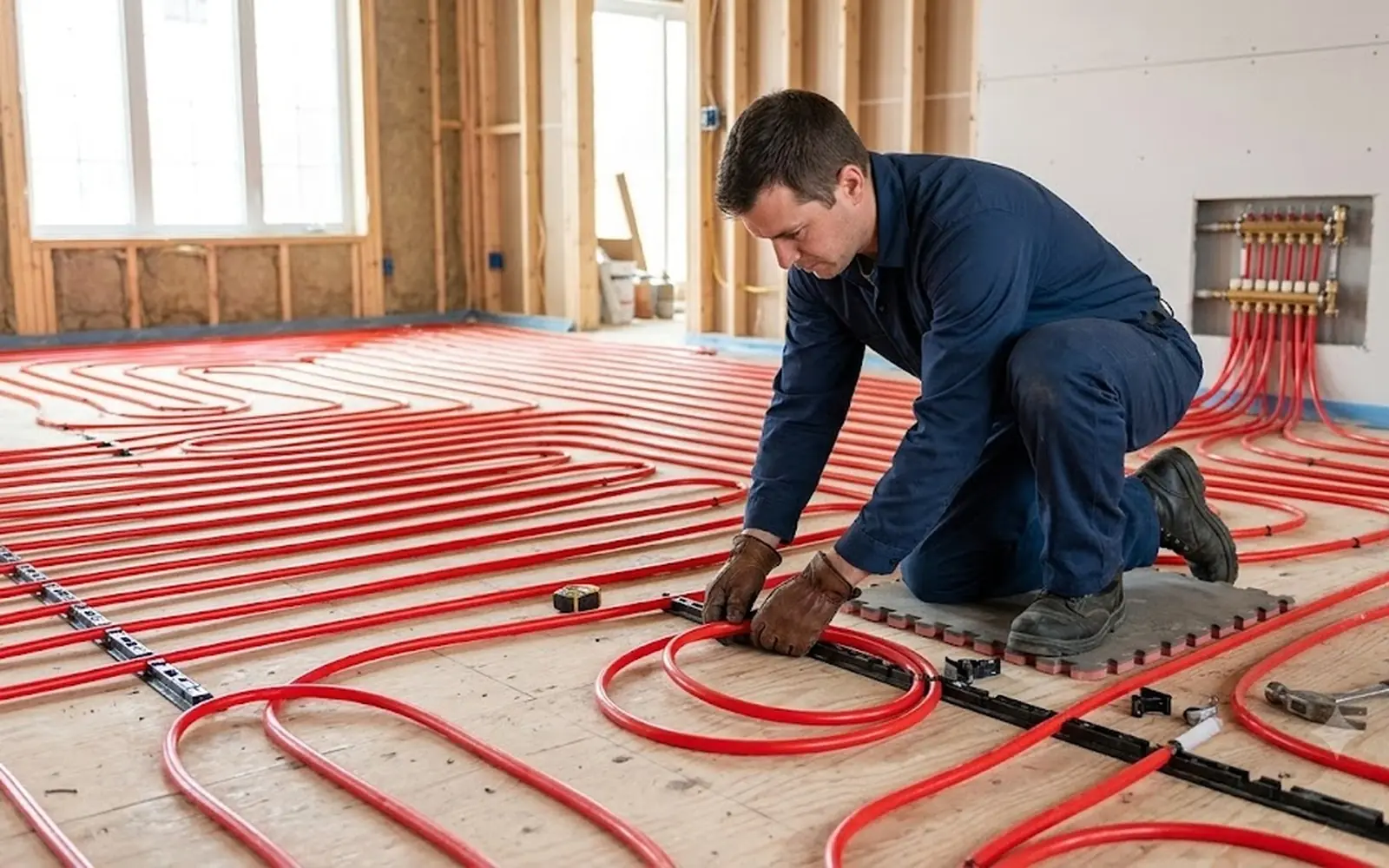 Red PEX loops laid in even rows across a subfloor before covering, installer kneeling