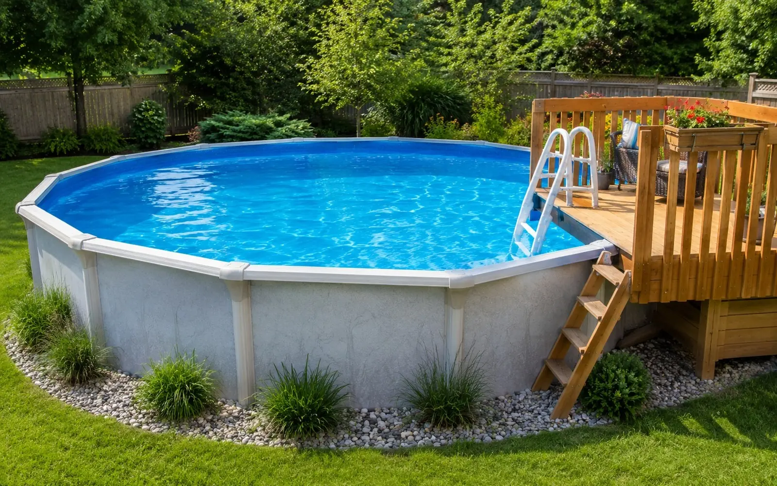 Tidy above-ground pool with a small wood deck and ladder in a green backyard
