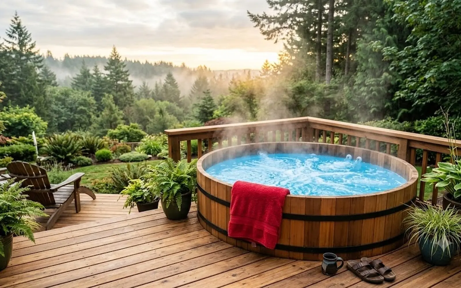 Steaming hot tub on a cedar deck corner in morning light, folded red towel