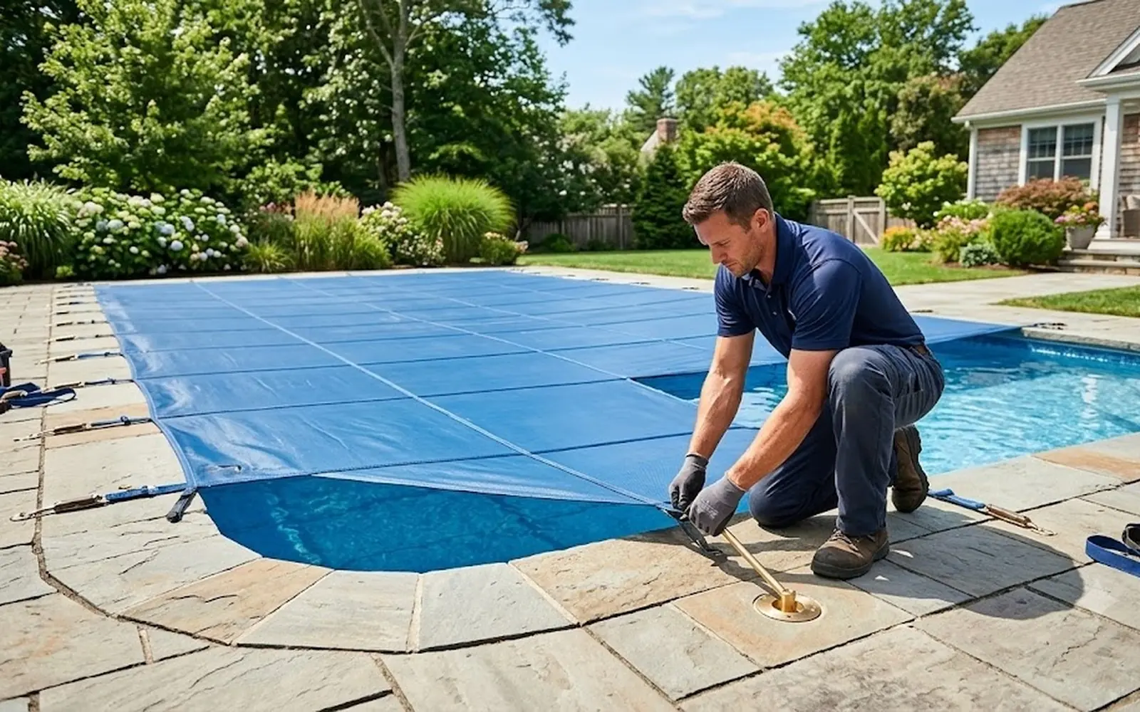 Installer securing a taut safety cover across a pool, anchors along the deck