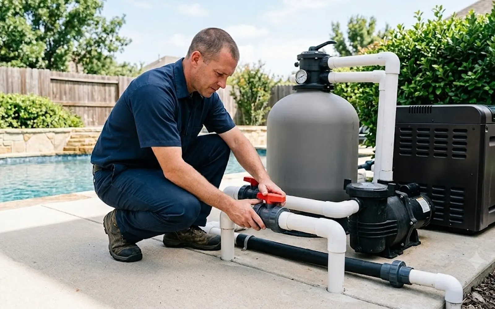 Clean equipment pad with heater, pump, and filter, technician checking valves