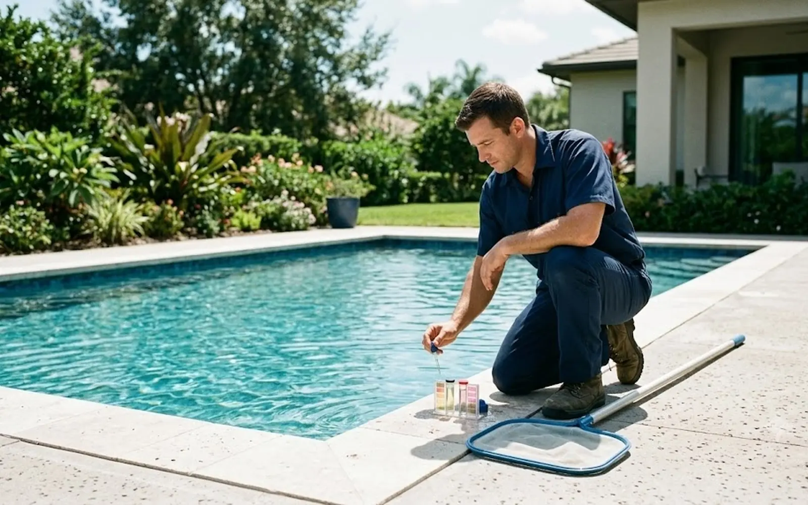 Technician testing water with a kit at the pool edge, skimmer net resting nearby