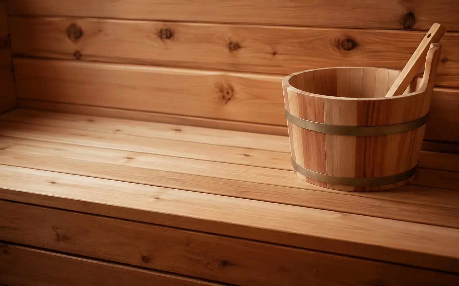 Warm cedar home sauna interior with ladle and bucket, soft daylight from a small window
