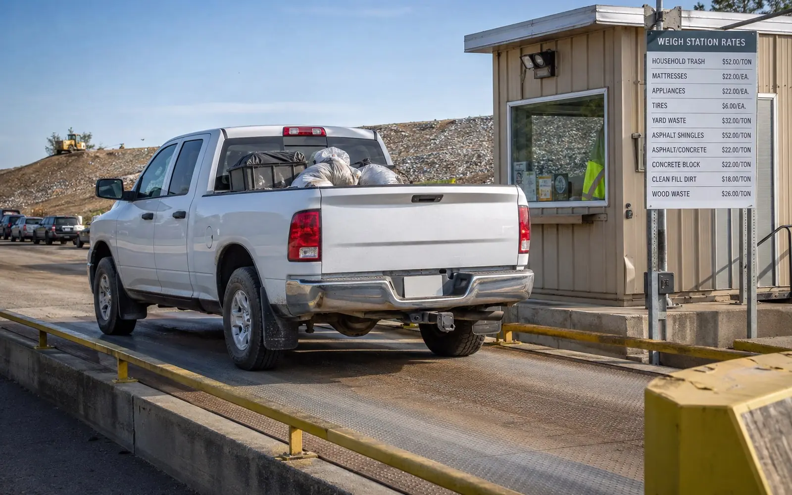A pickup truck on a landfill weighbridge with the scale house window and a posted rate board visible in the background.