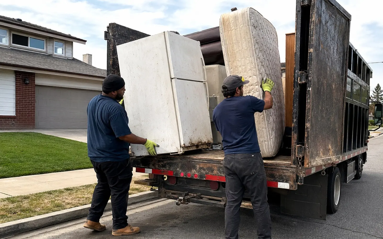 Two workers in heavy gloves lifting a mattress and an old refrigerator into the open bed of a junk removal truck parked at a residential curb.