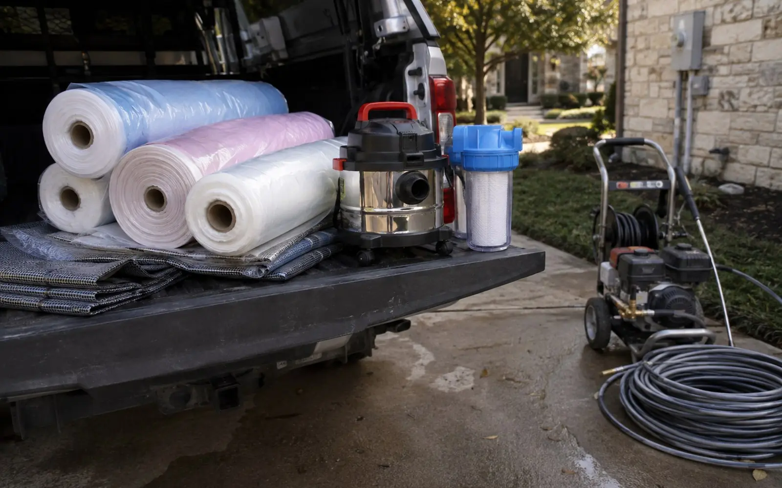 Rolls of plastic sheeting, a wet vacuum, a filter housing and a coiled hose staged on a tailgate beside a pressure washer before an exterior job.