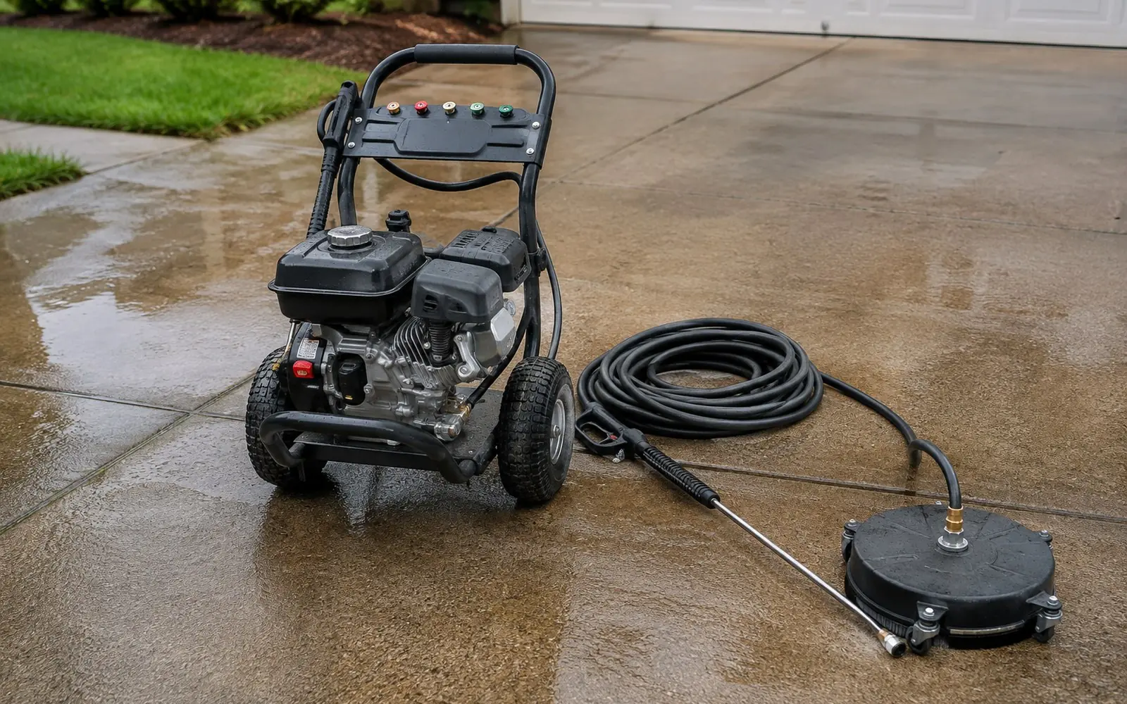 A gas powered pressure washer on a driveway with its hose coiled beside a wand and a rotating surface cleaner attachment resting on wet concrete.