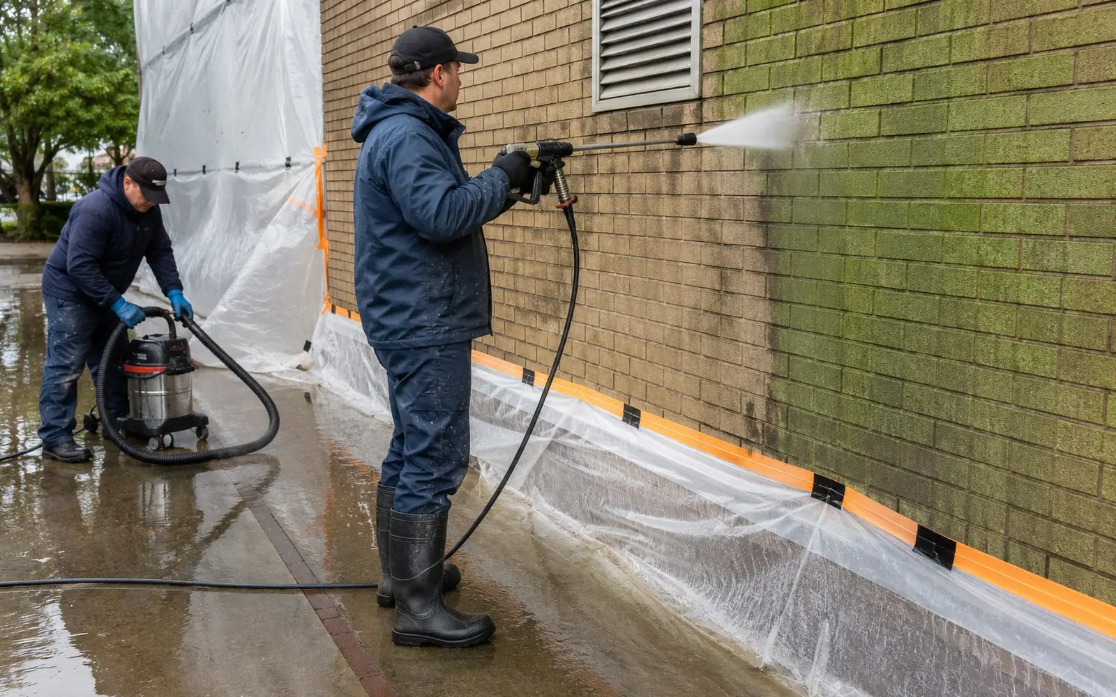 A technician in waterproof boots washing algae off brick siding while a colleague works a wet vacuum along a taped plastic barrier at the base of the wall.