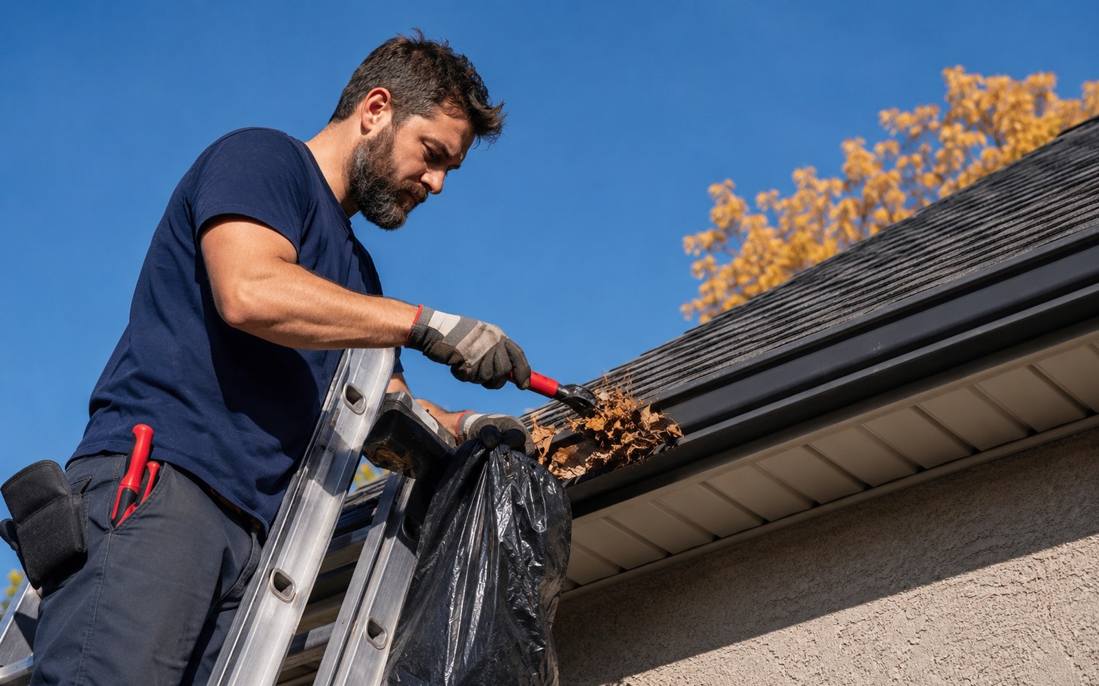 Technician on a ladder scooping leaves from a gutter into a bag, autumn-clean roofline