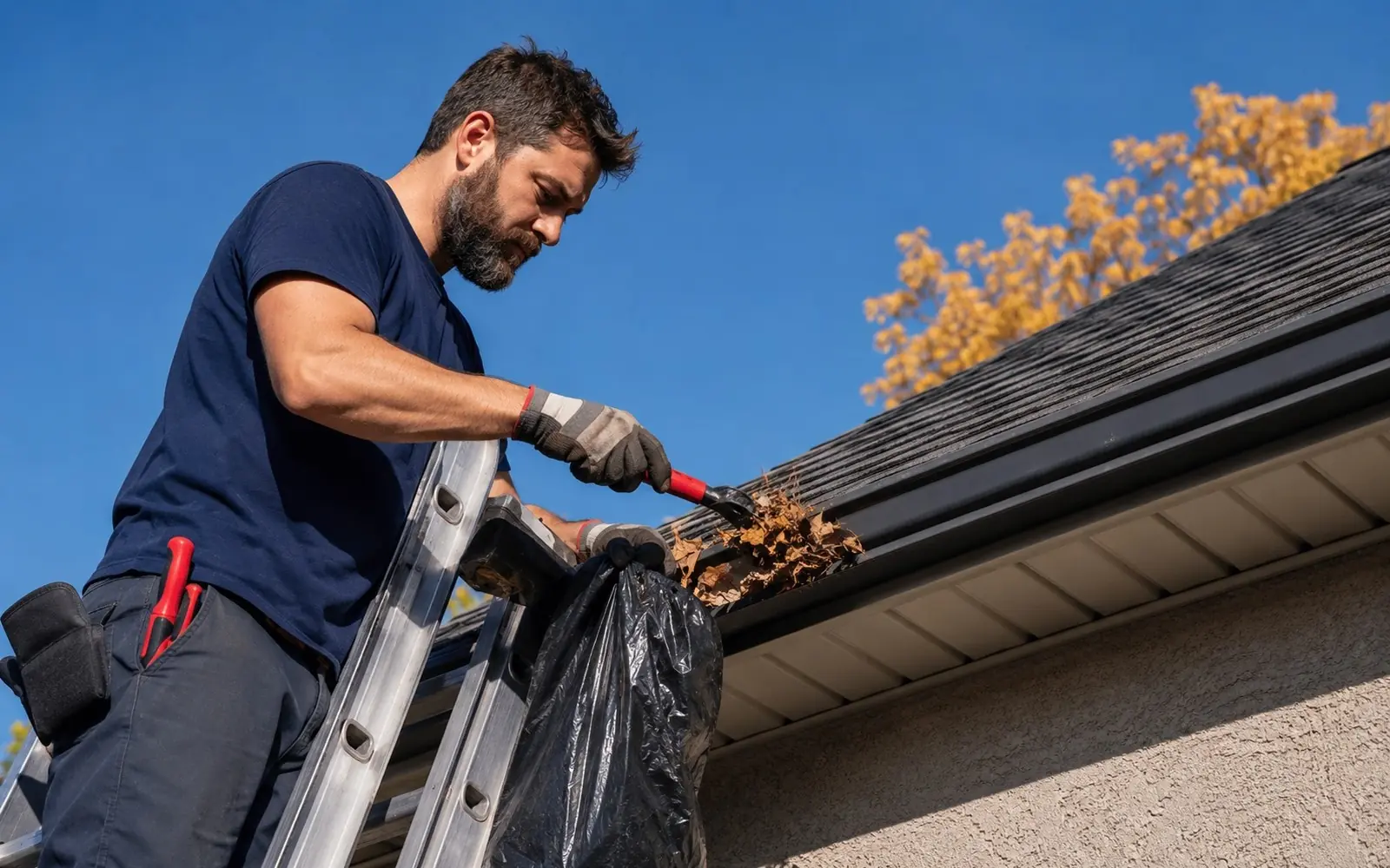 Technician on a ladder scooping leaves from a gutter into a bag, autumn-clean roofline