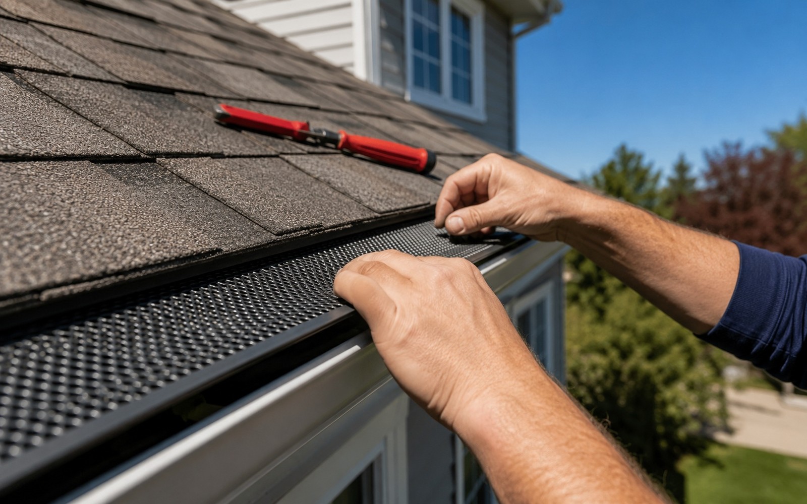 Close on hands snapping a mesh gutter guard into place along a clean gutter