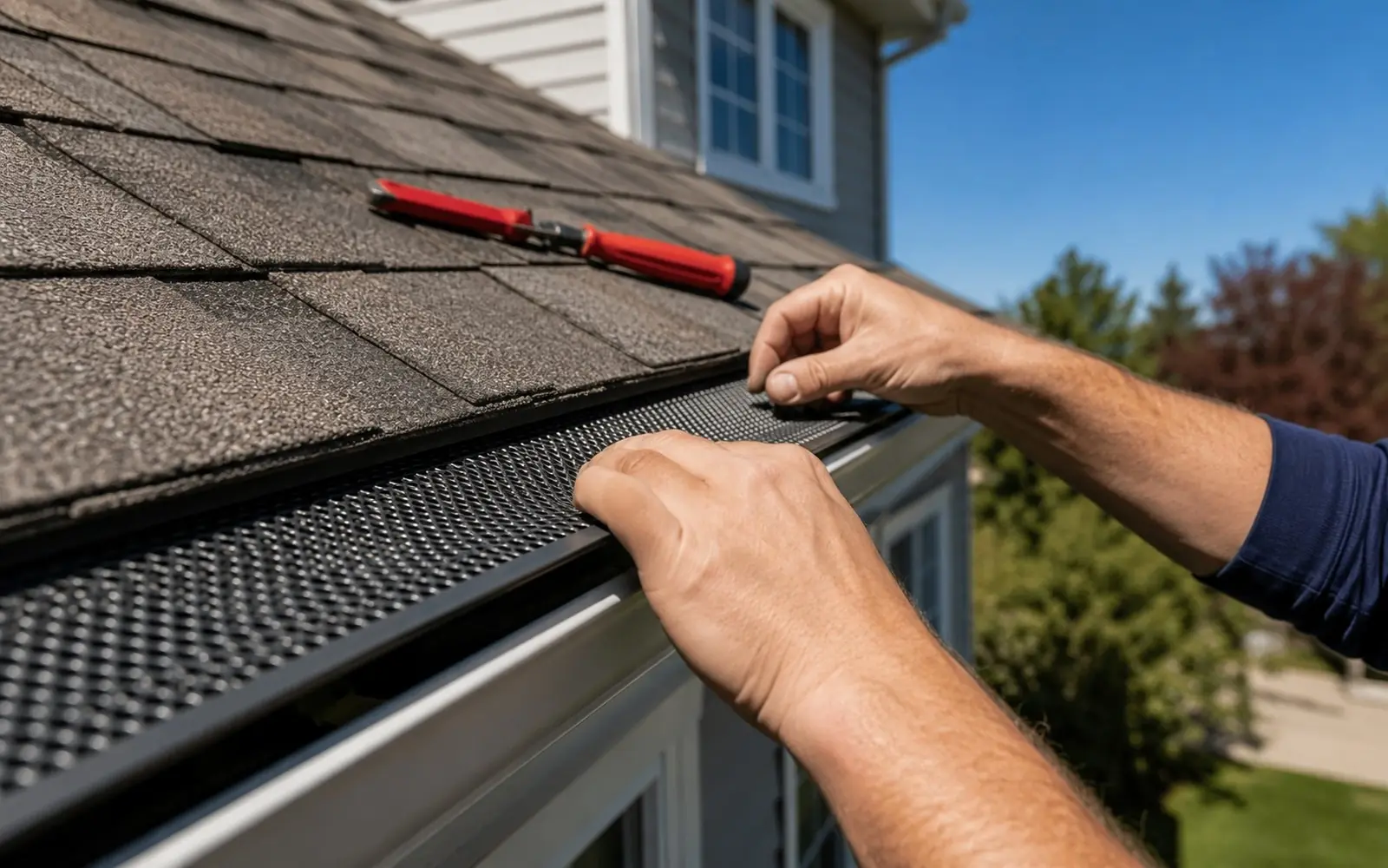 Close on hands snapping a mesh gutter guard into place along a clean gutter