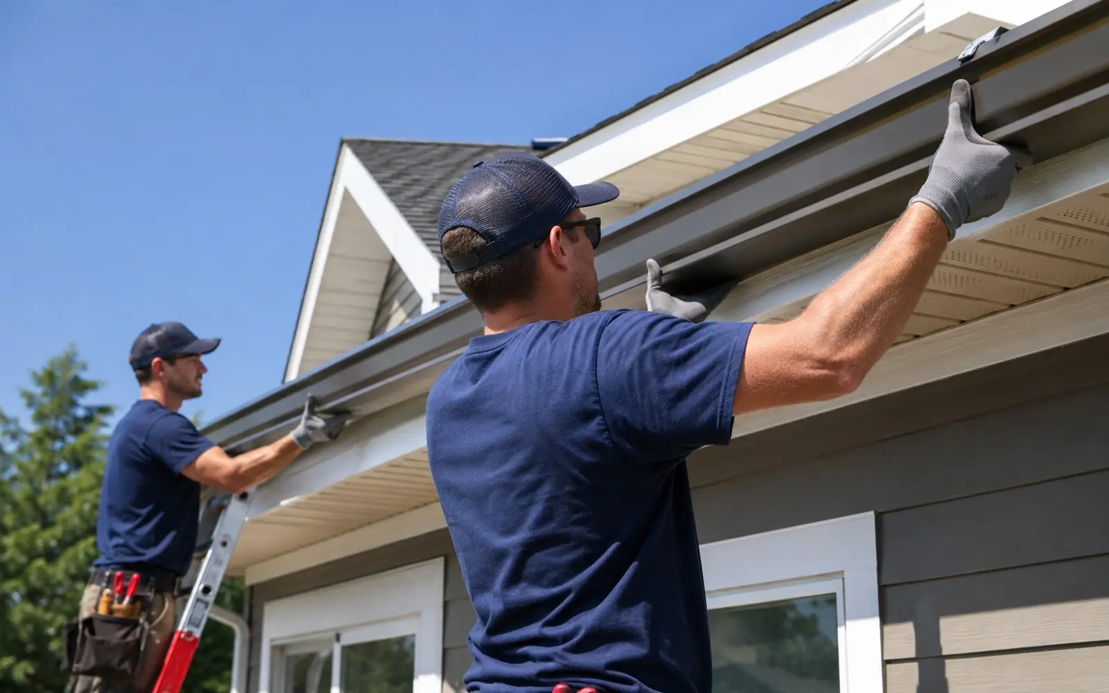 Two installers hanging a seamless aluminum gutter run along new fascia