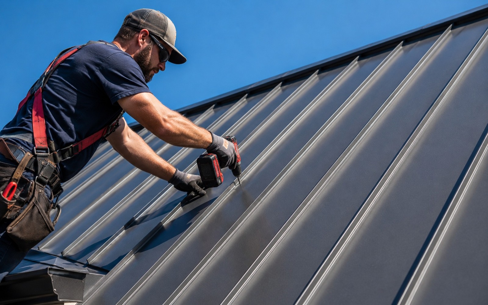 Standing-seam charcoal metal roof being fastened, crisp panel lines in sun