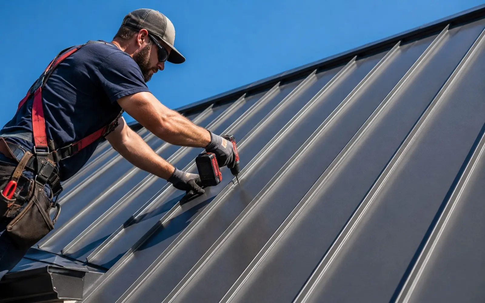 Standing-seam charcoal metal roof being fastened, crisp panel lines in sun