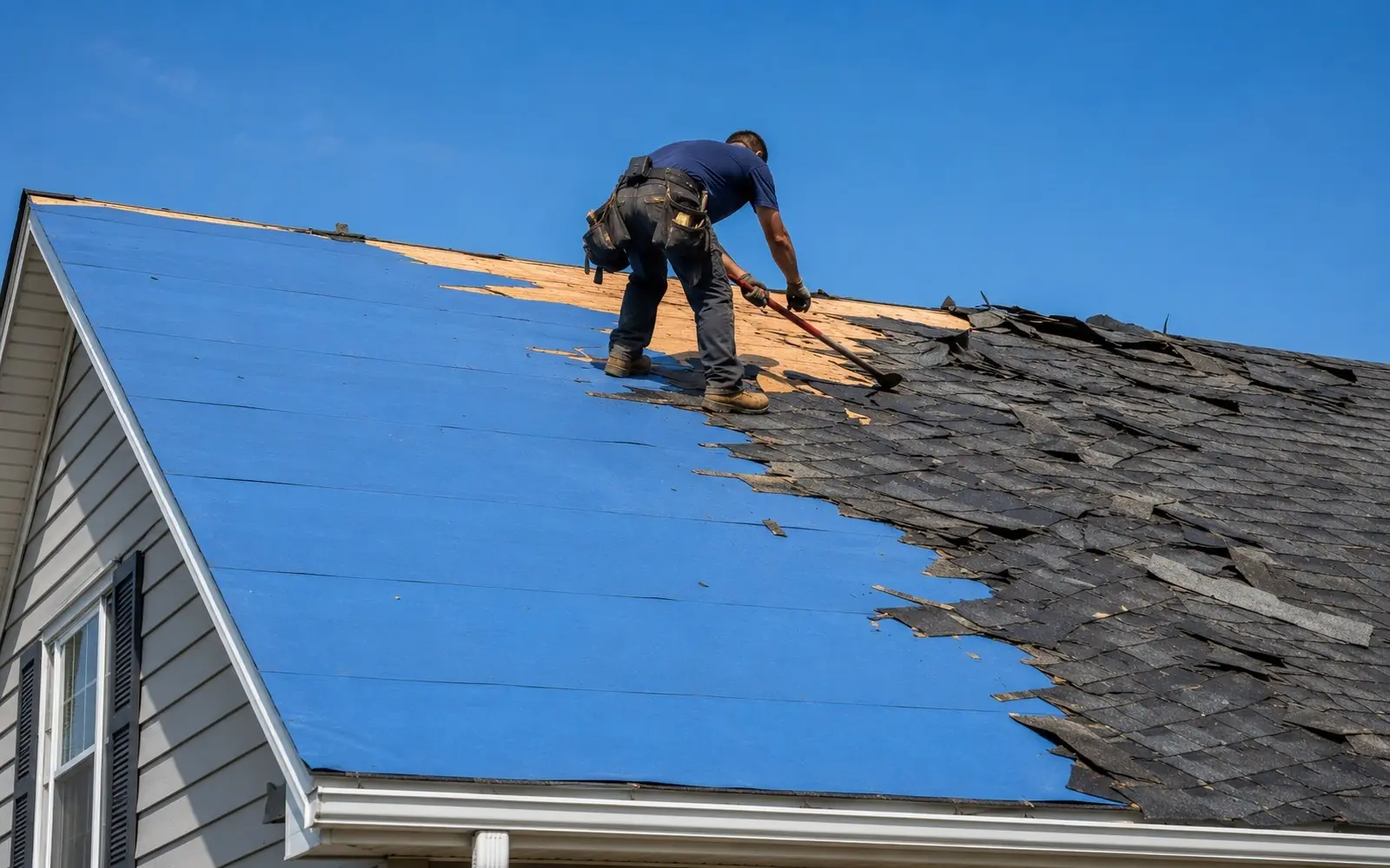 Tear-off in progress: old shingles stripped one side, new underlayment going down