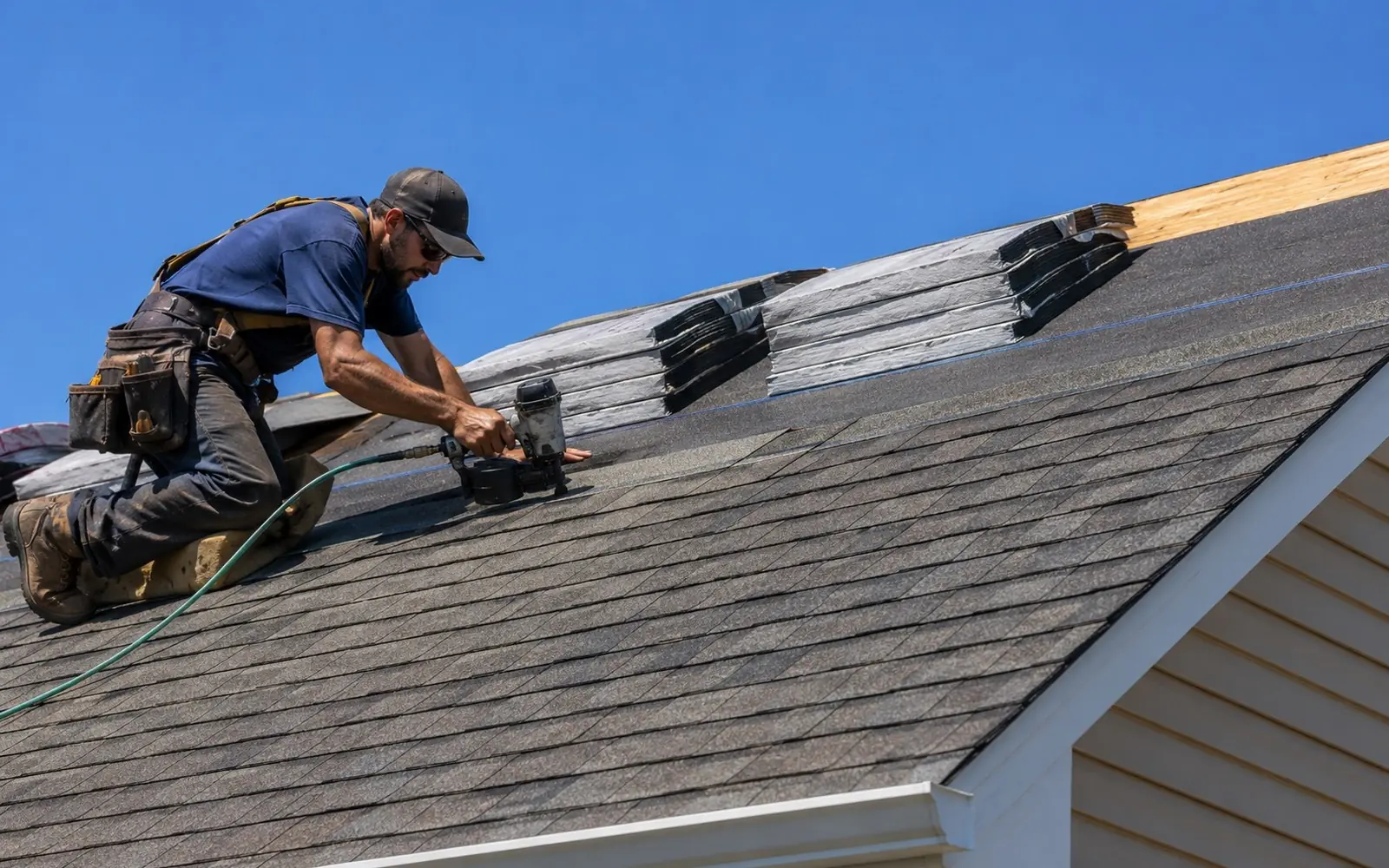 Roofer nailing architectural shingles in neat courses, shingle bundles staged