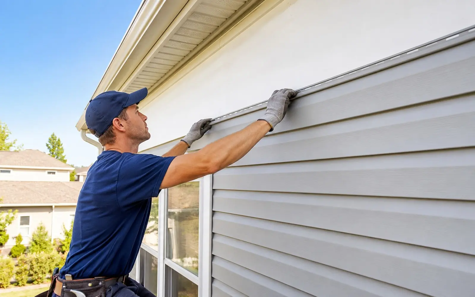 Installer locking a course of light gray vinyl siding, level lines, trim crisp