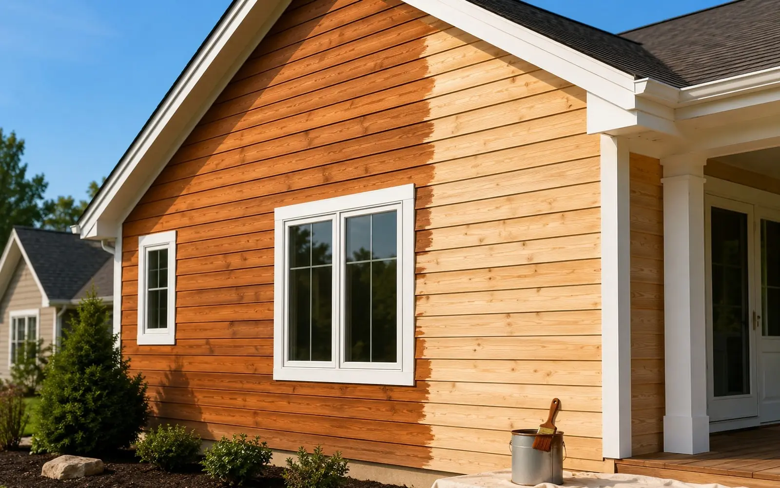 Fresh cedar lap siding half stained, warm wood tones against white trim