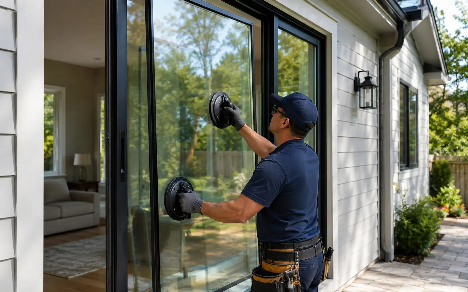 Technician lifting a new insulated glass unit into a patio door frame with suction cups