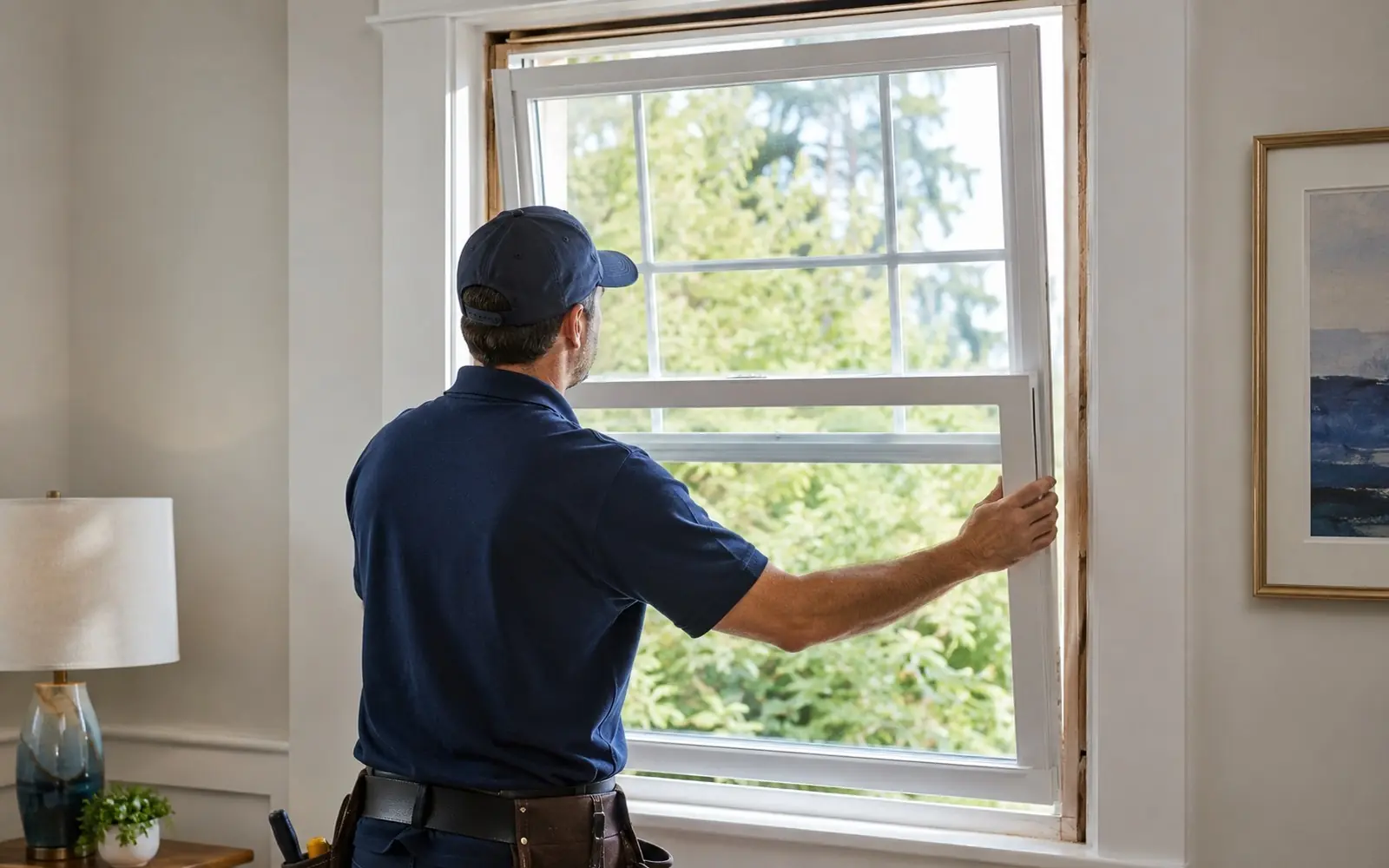 Installer setting a new double-hung vinyl window into a prepared opening from inside