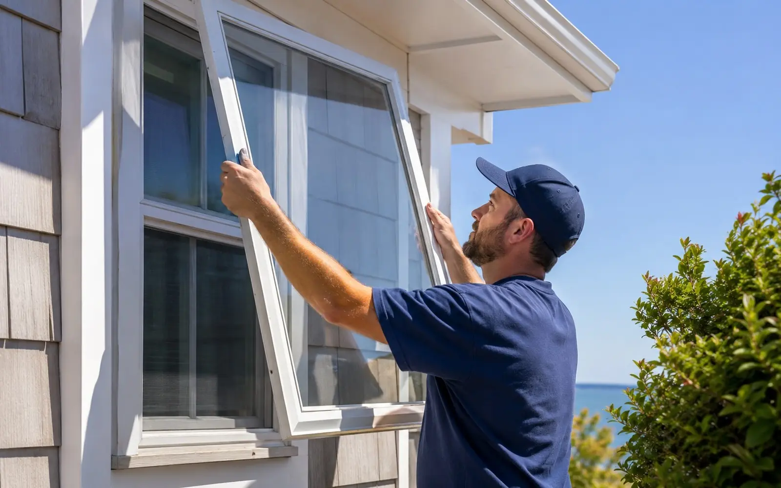 Installer mounting a storm window over an existing frame, coastal-calm exterior