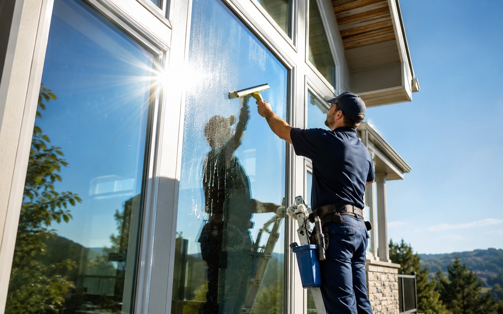 Cleaner squeegeeing a tall living room window, sun flare through spotless glass