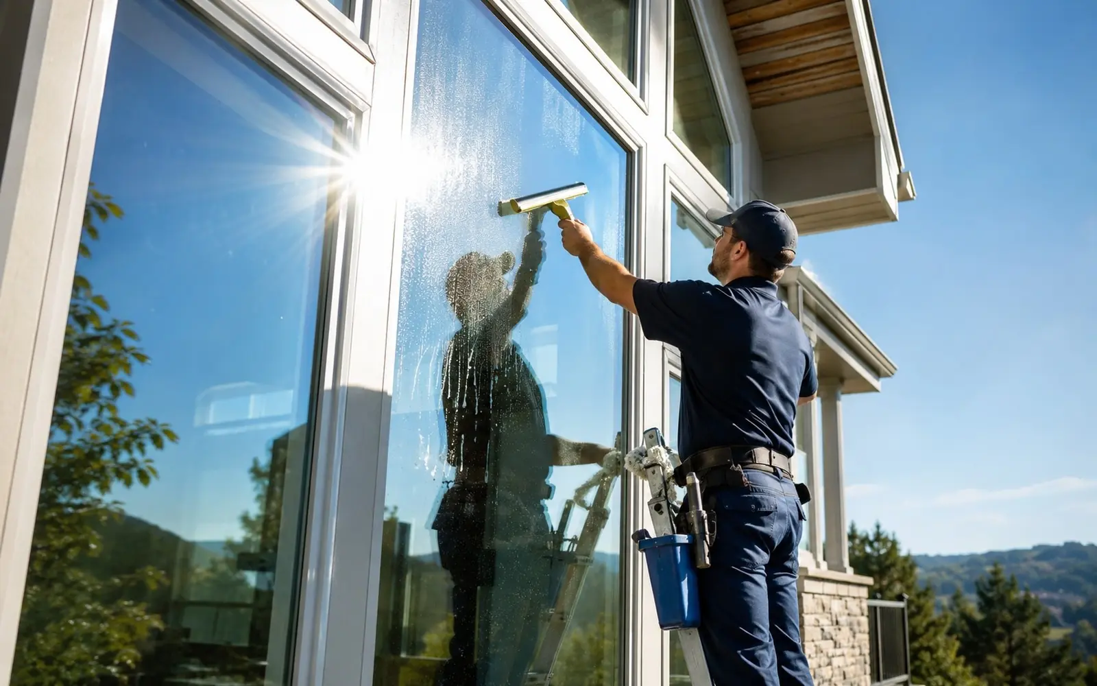 Cleaner squeegeeing a tall living room window, sun flare through spotless glass