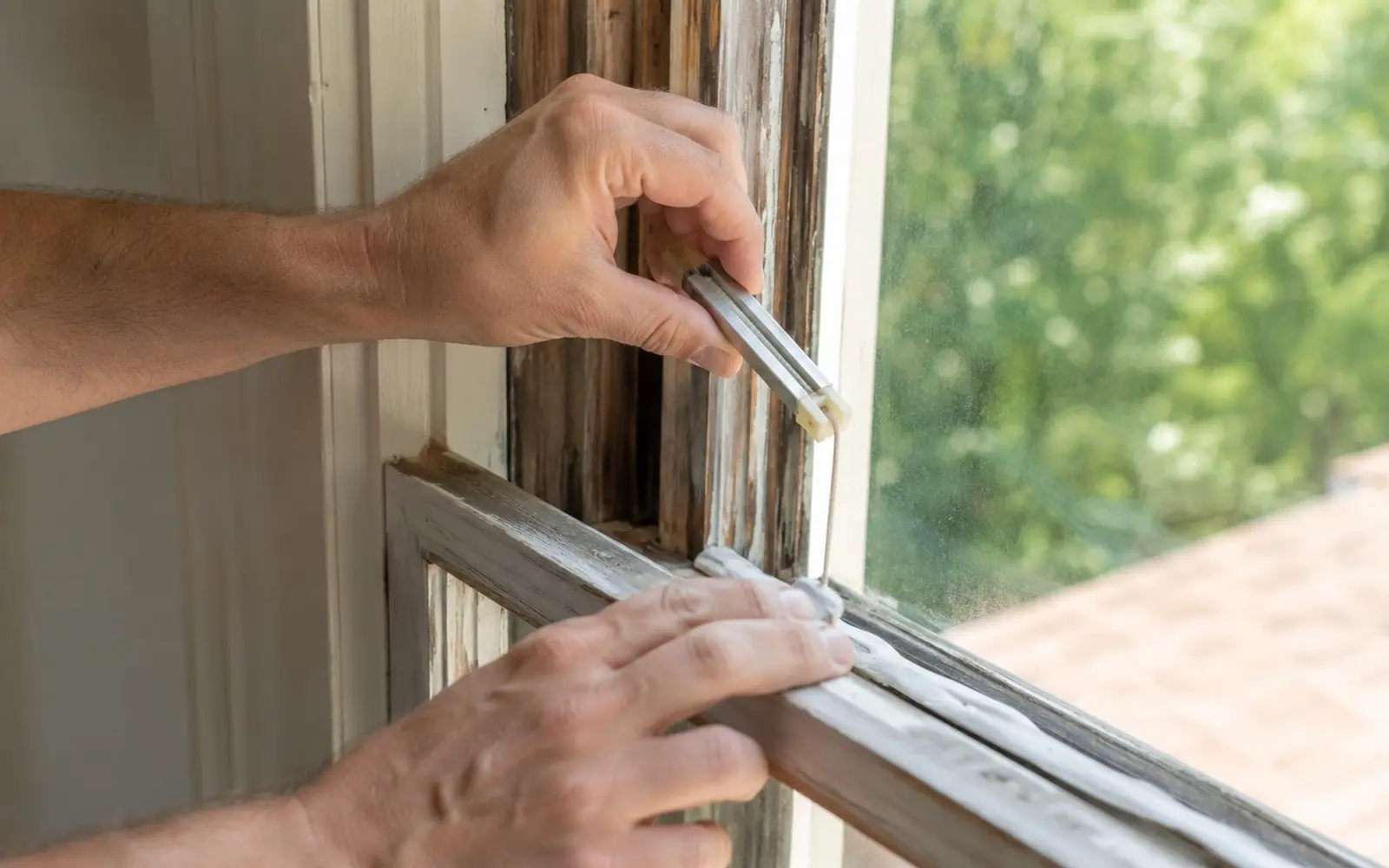 Close on hands replacing a sash balance and re-glazing a wood window