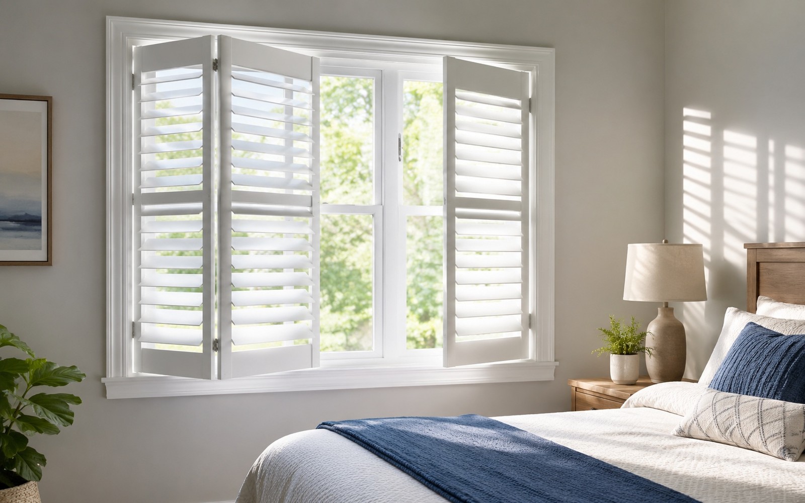 Crisp white plantation shutters half open in a sunlit bedroom window