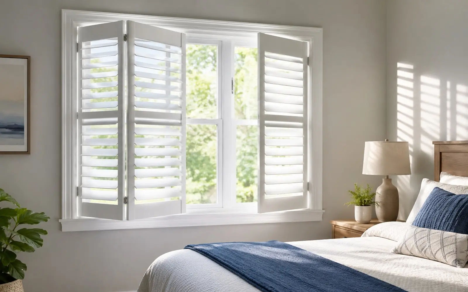 Crisp white plantation shutters half open in a sunlit bedroom window