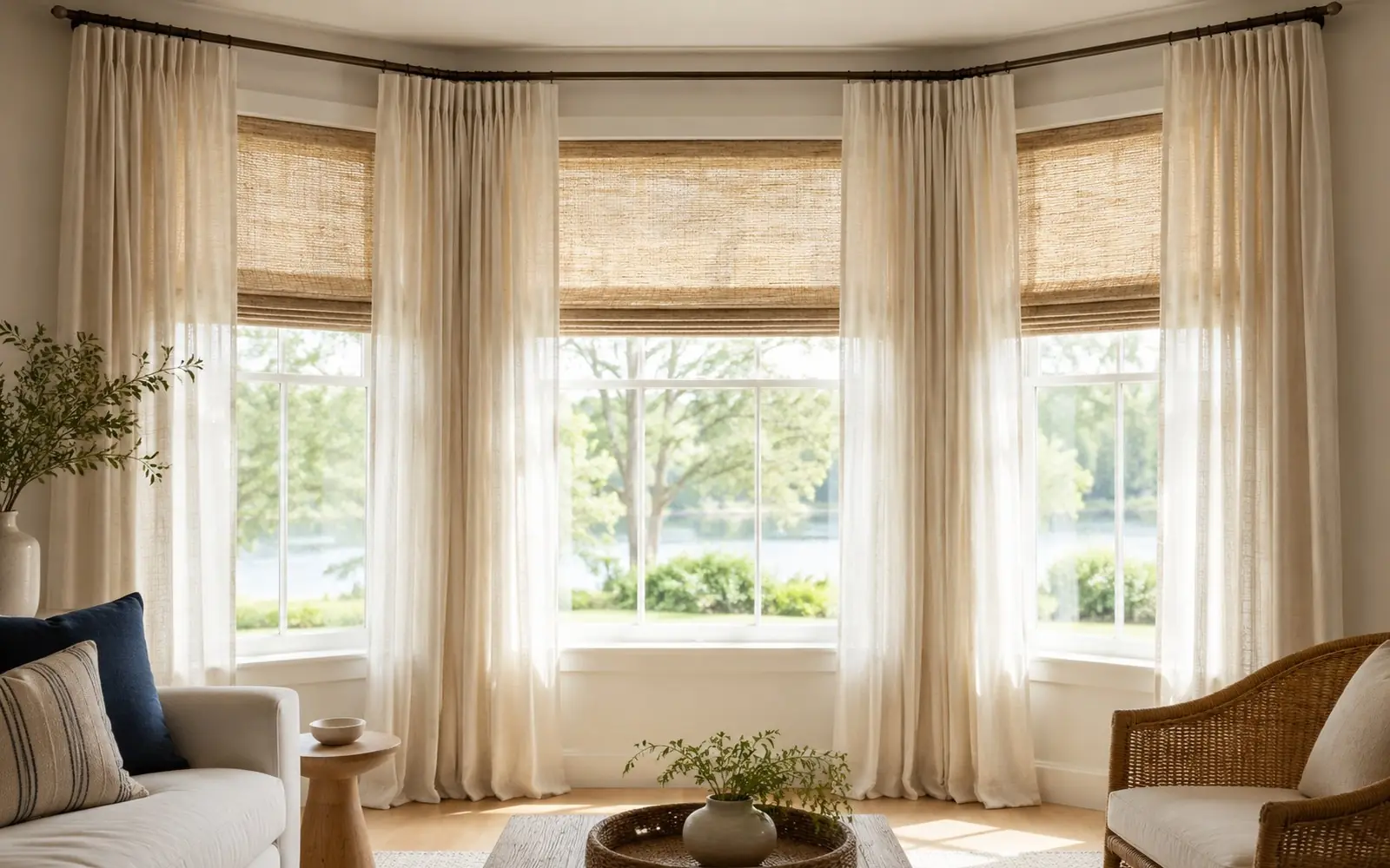 Layered linen drapes and woven shades on a bright bay window, styled minimal