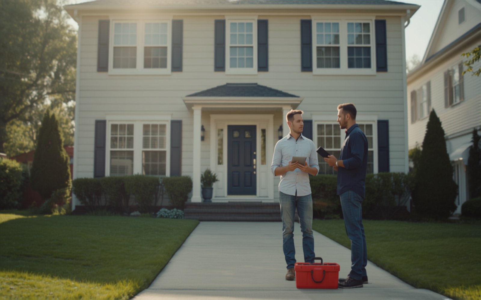 Homeowner and contractor talking in the driveway of a suburban home with a navy front door