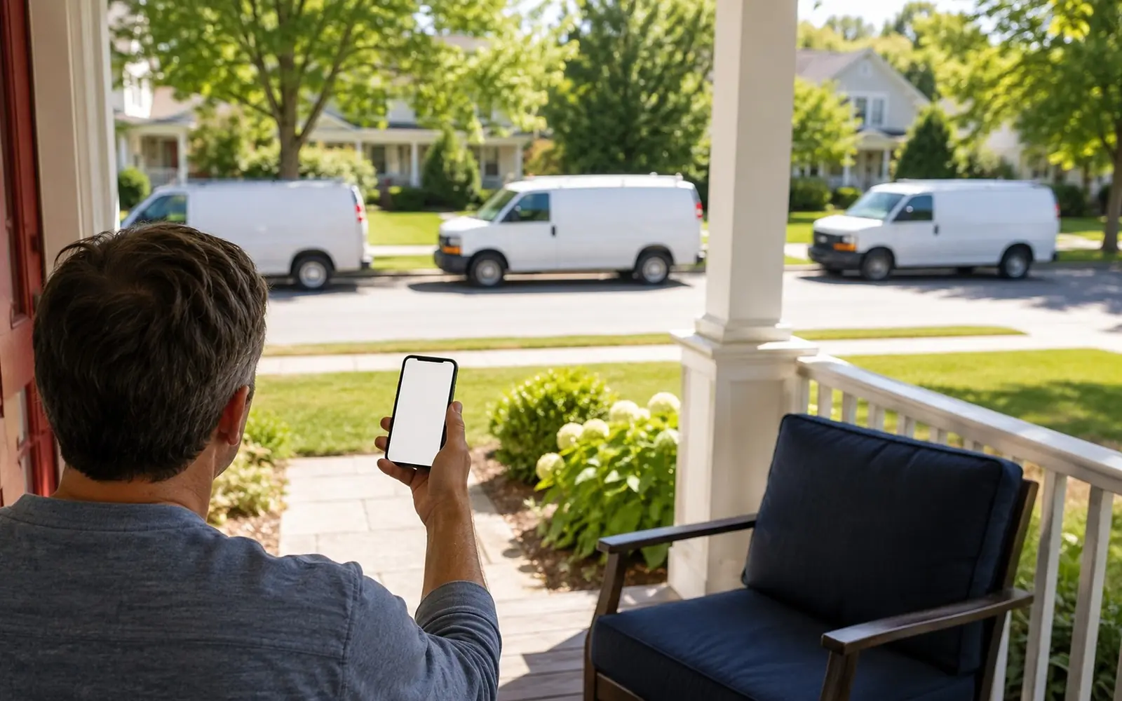 Homeowner on a porch with a phone as contractor vans arrive on the street