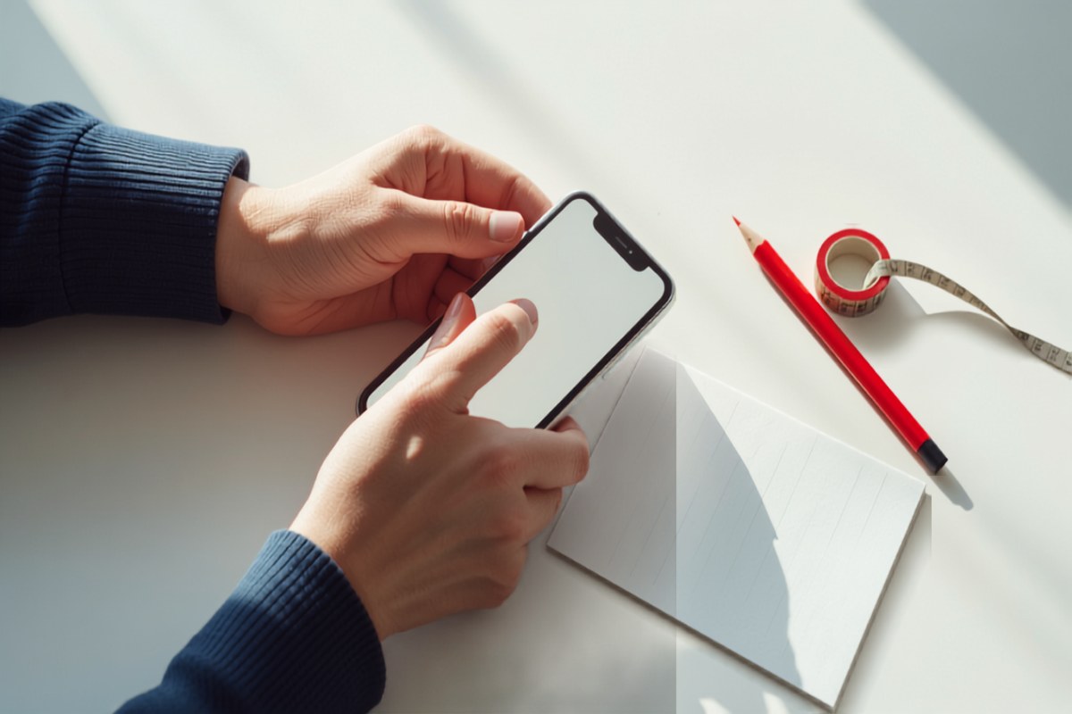 Hands entering project notes on a phone at a sunlit kitchen island