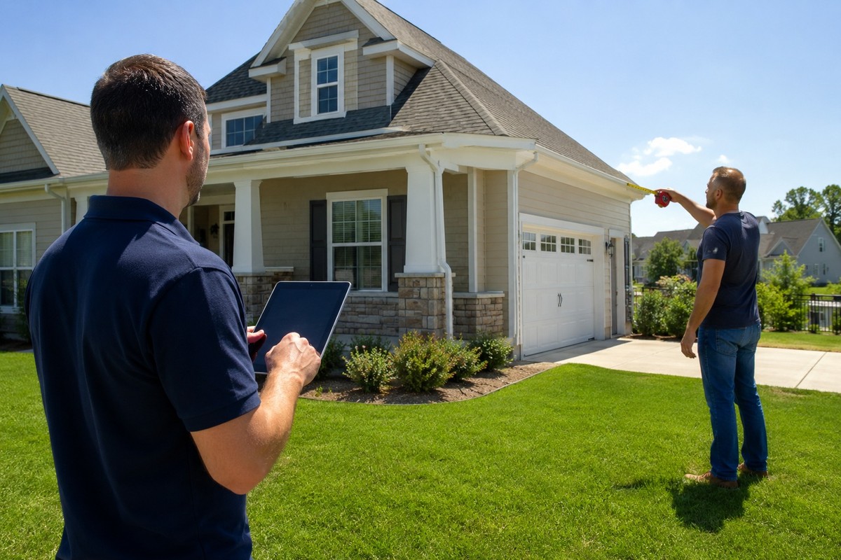 Two contractors measuring and photographing the same house exterior