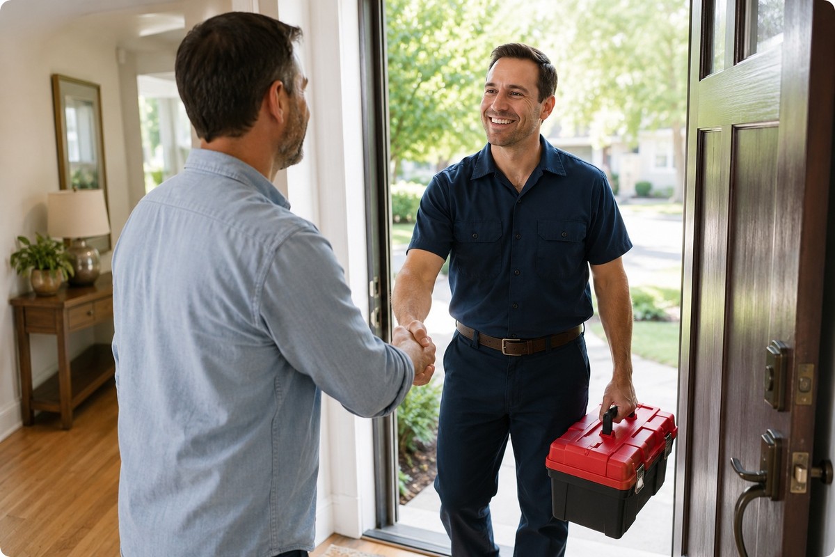 Homeowner welcoming the chosen contractor at the front door