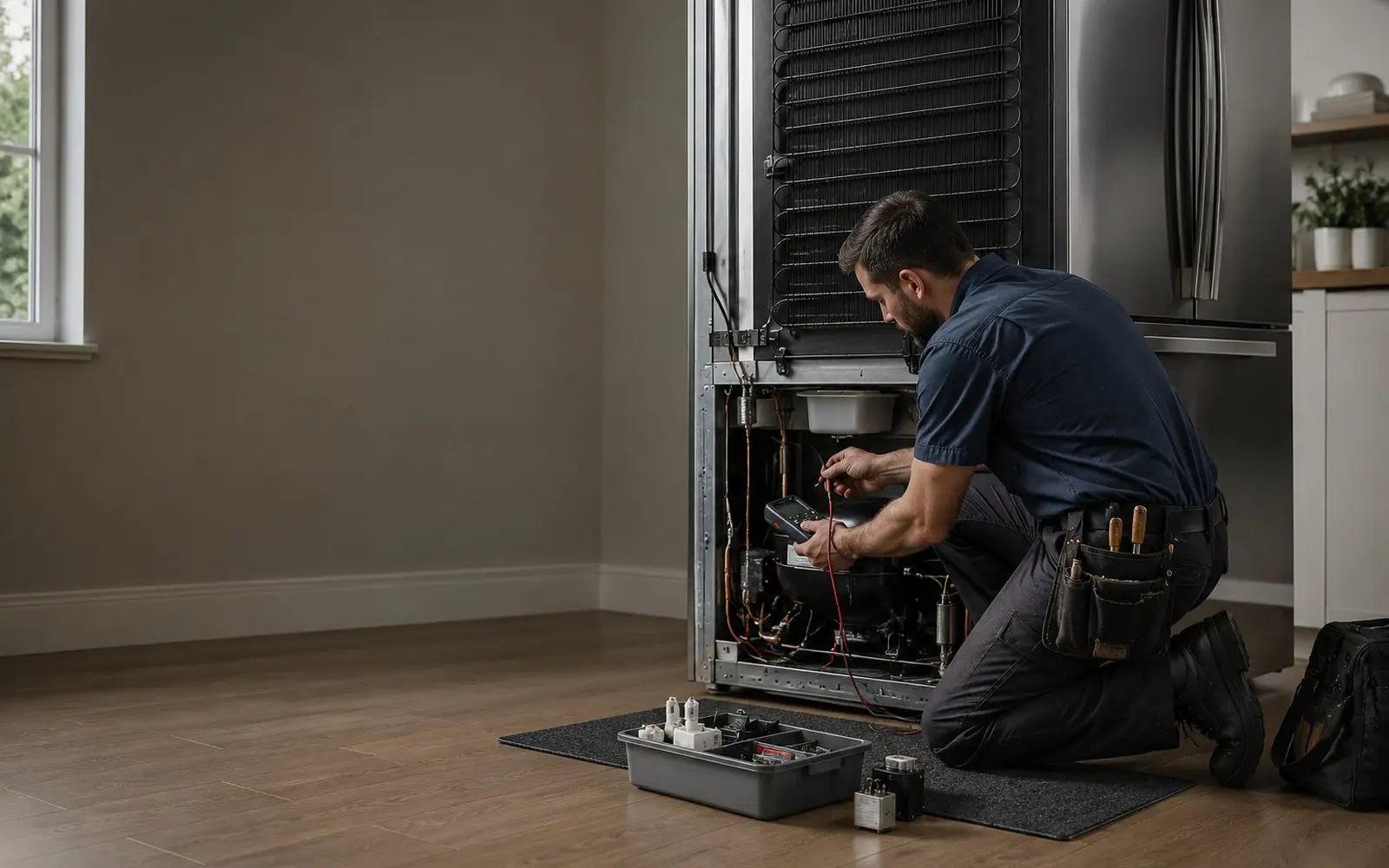 Technician kneeling at an open refrigerator with a multimeter and parts tray