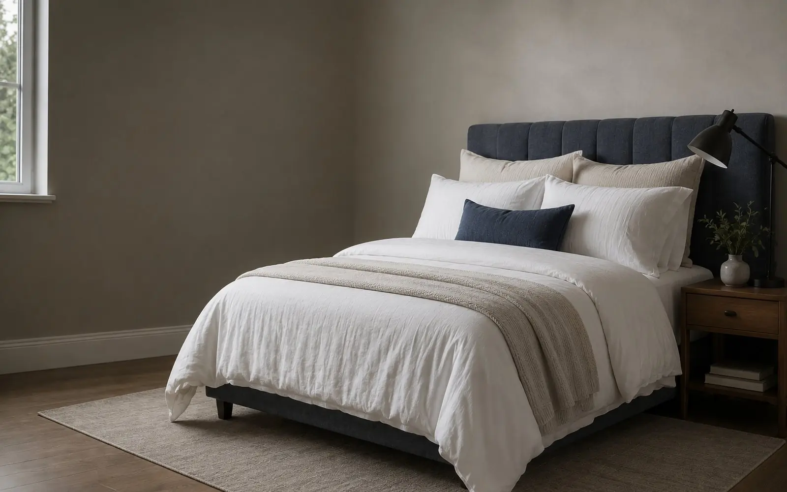 Made bed with layered white linens beside a bedside table and reading lamp
