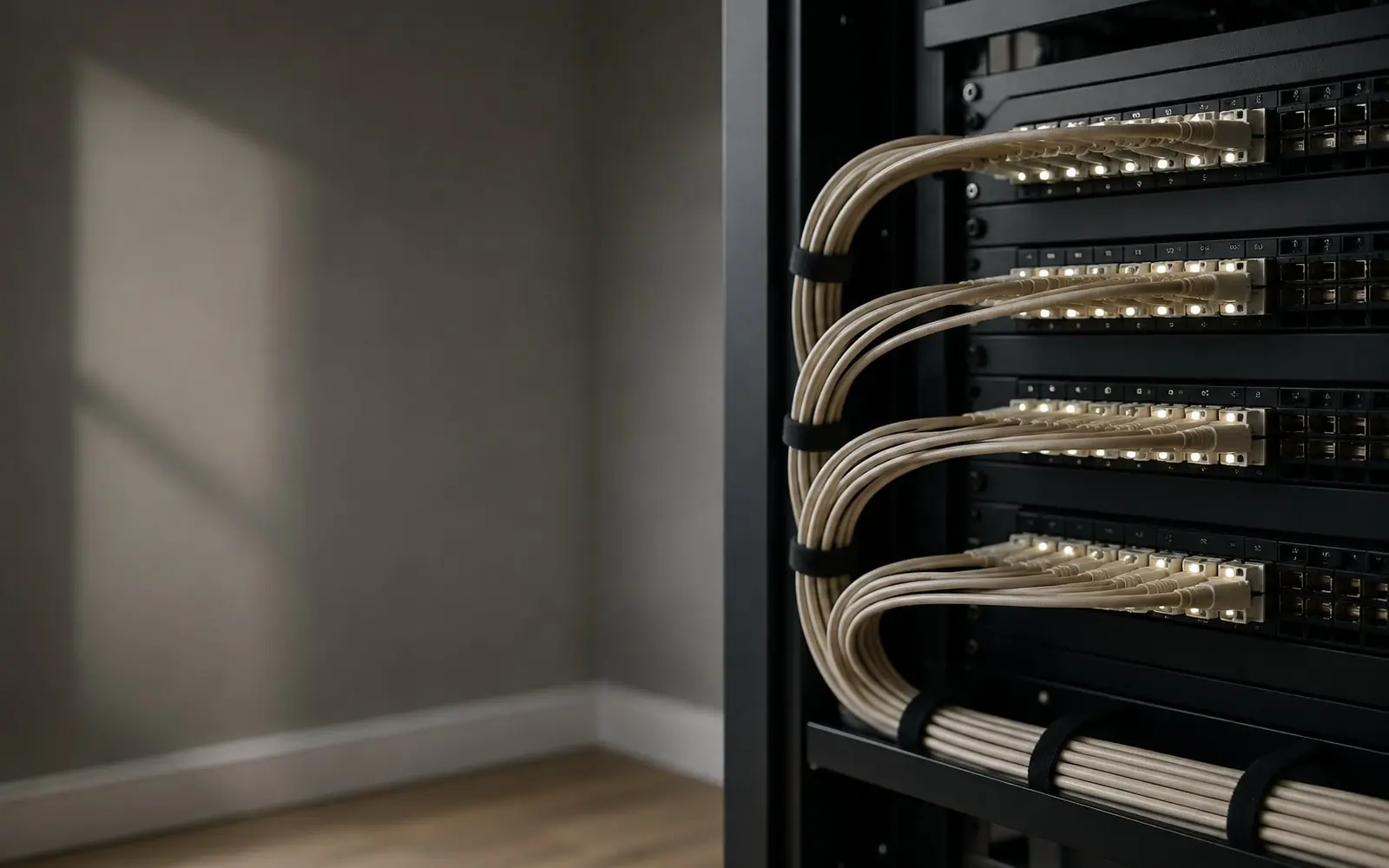 Fiber optic patch panel with illuminated connectors and neatly bundled cables