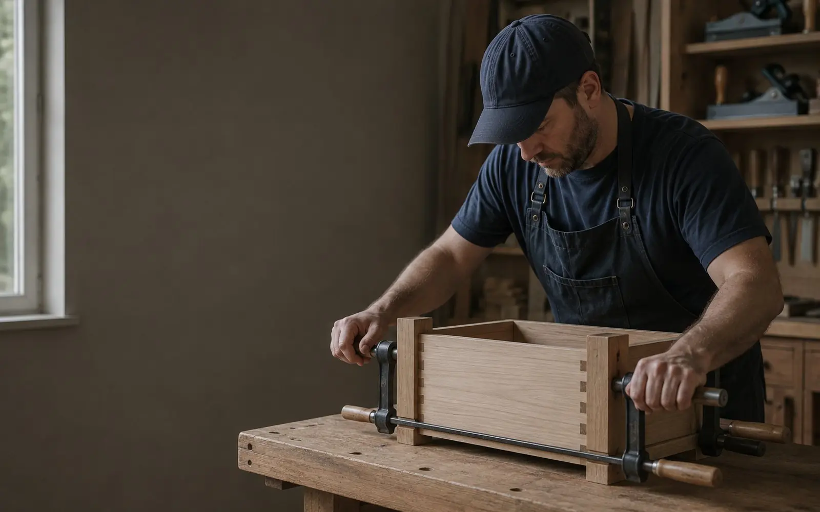 Cabinetmaker clamping a dovetailed drawer box on a workbench