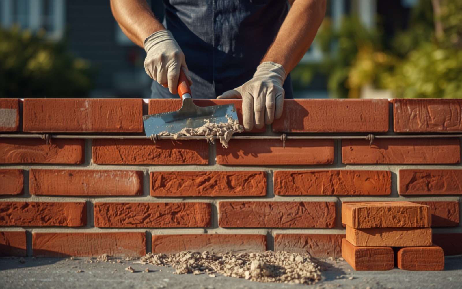 Mason laying brick on a garden wall with a taut string line