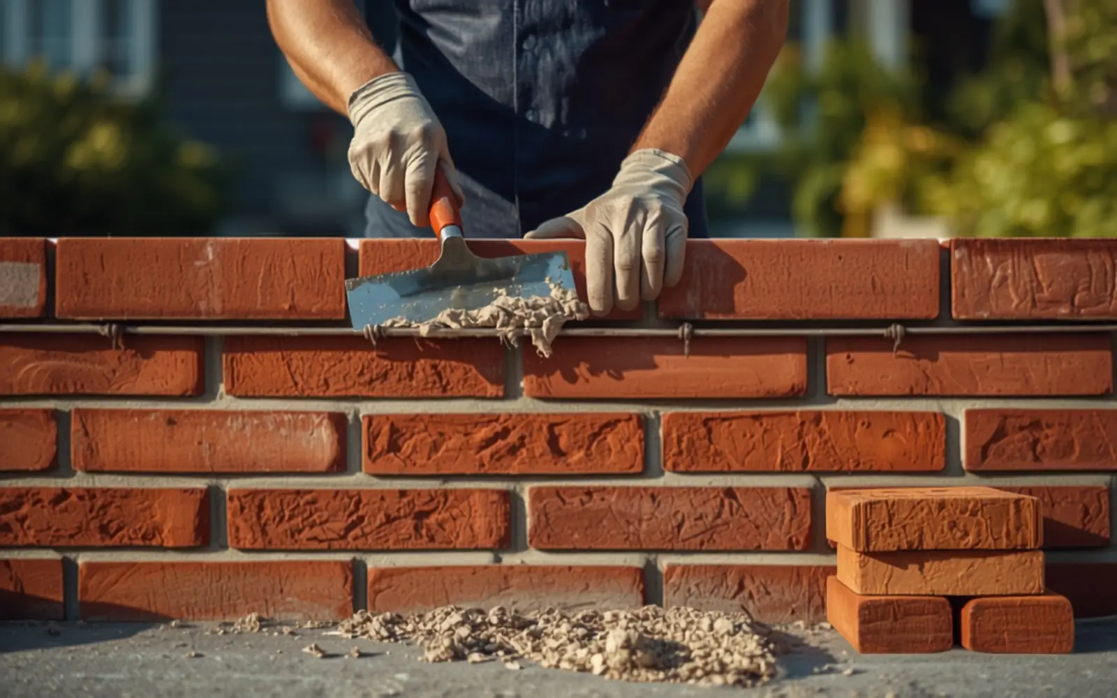 Mason laying brick on a garden wall with a taut string line