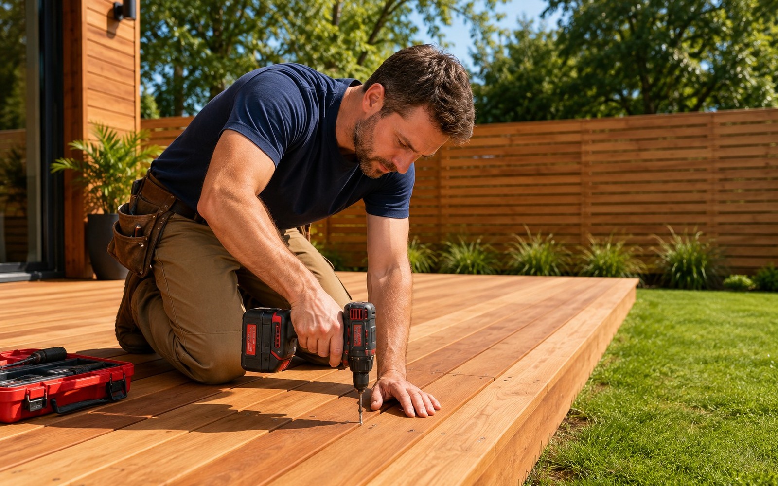 Carpenter finishing a new cedar deck beside a slat privacy fence