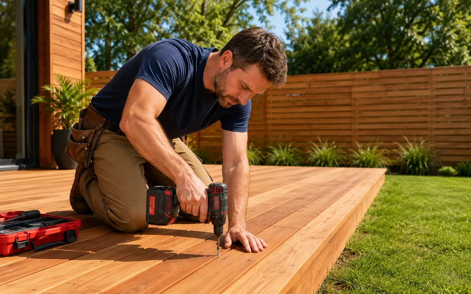 Carpenter finishing a new cedar deck beside a slat privacy fence