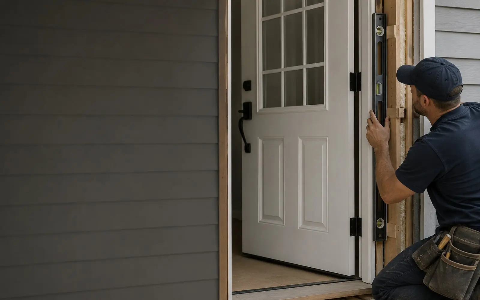 Installer shimming a new fiberglass entry door in its frame with a level