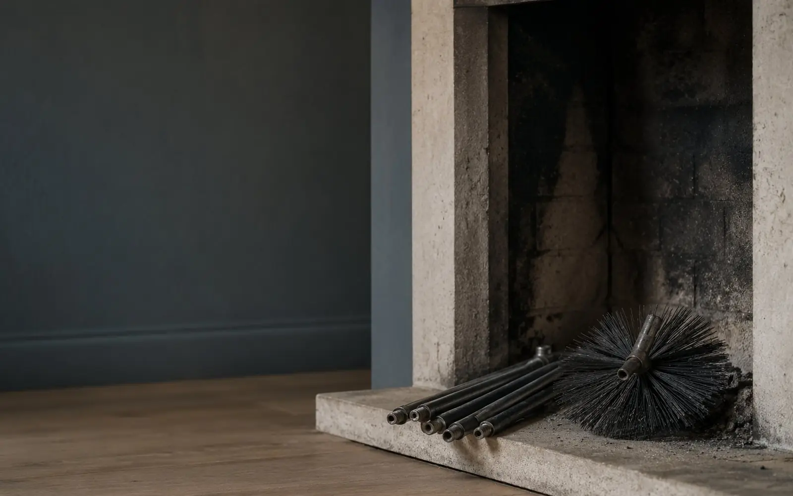 Chimney sweep brush and rods beside a soot-marked firebox opening