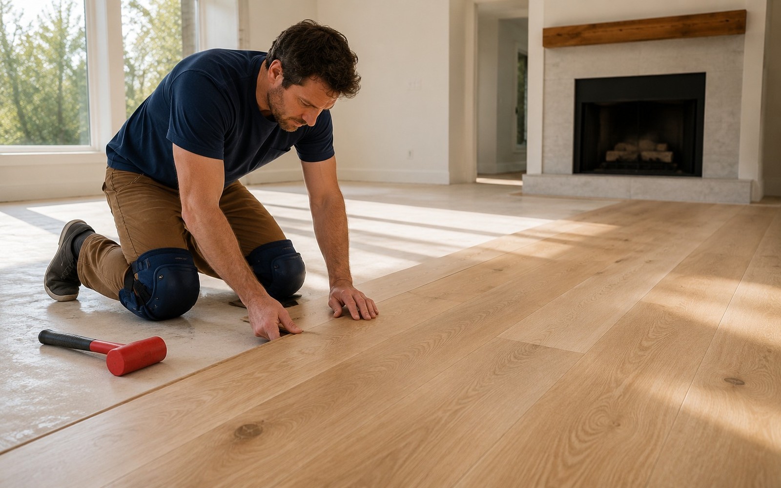 Installer clicking wide oak flooring planks into place in a bright room