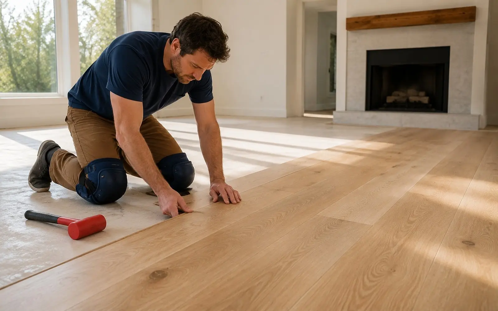Installer clicking wide oak flooring planks into place in a bright room