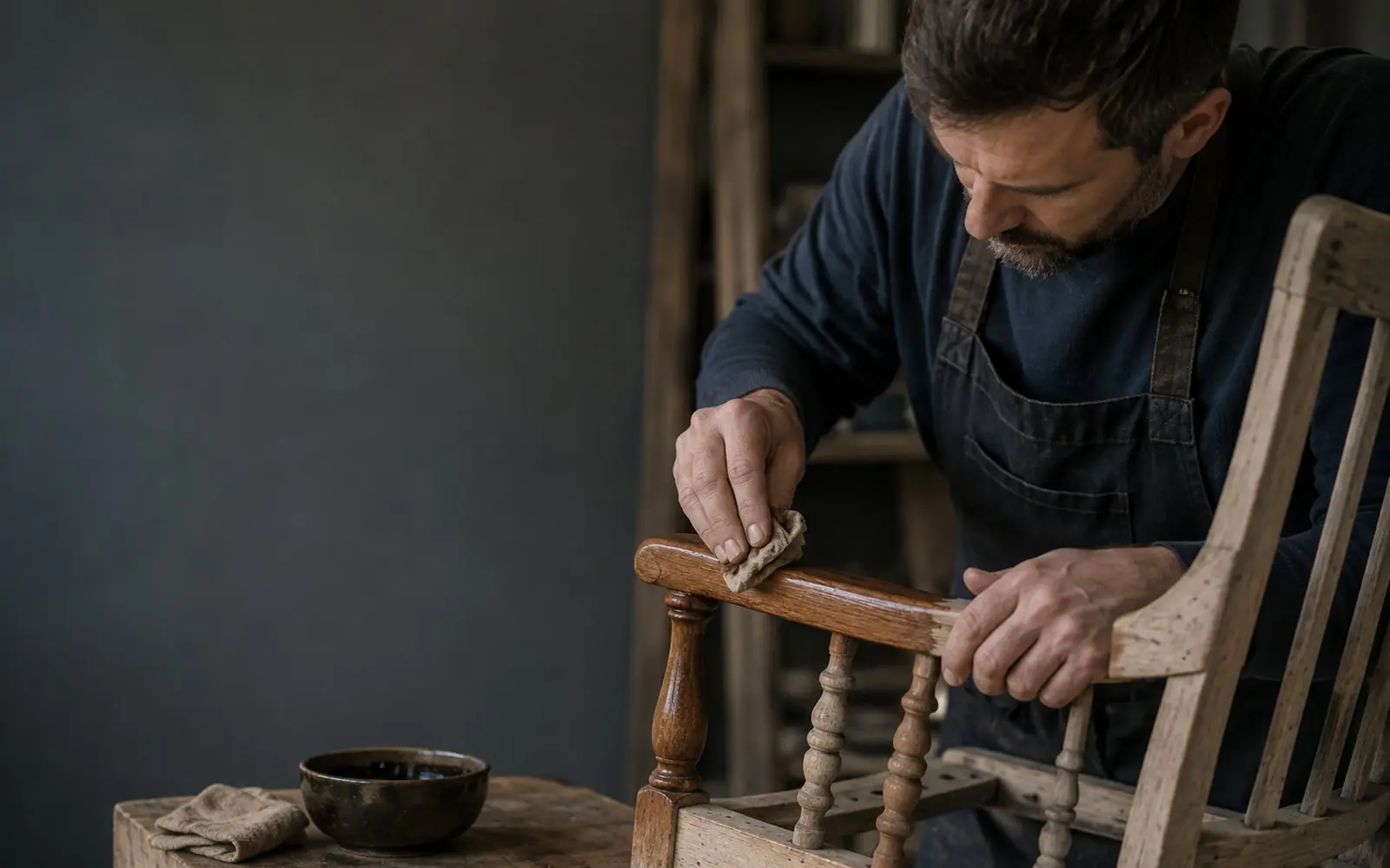 Craftsperson applying finish to a stripped wooden chair arm with a cloth
